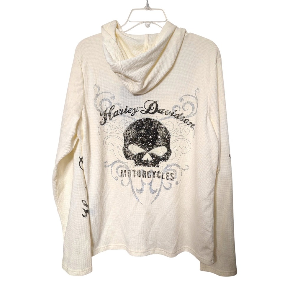 Harley-Davidson Cream Skull Rhinestone Waffle Knit Lace Up Henley Hoodie NWT 2XL
